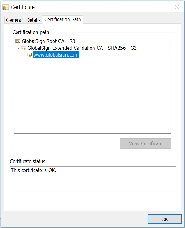 Example certificate path for publicly trusted SSL/TLS Certificate viewed in Chrome